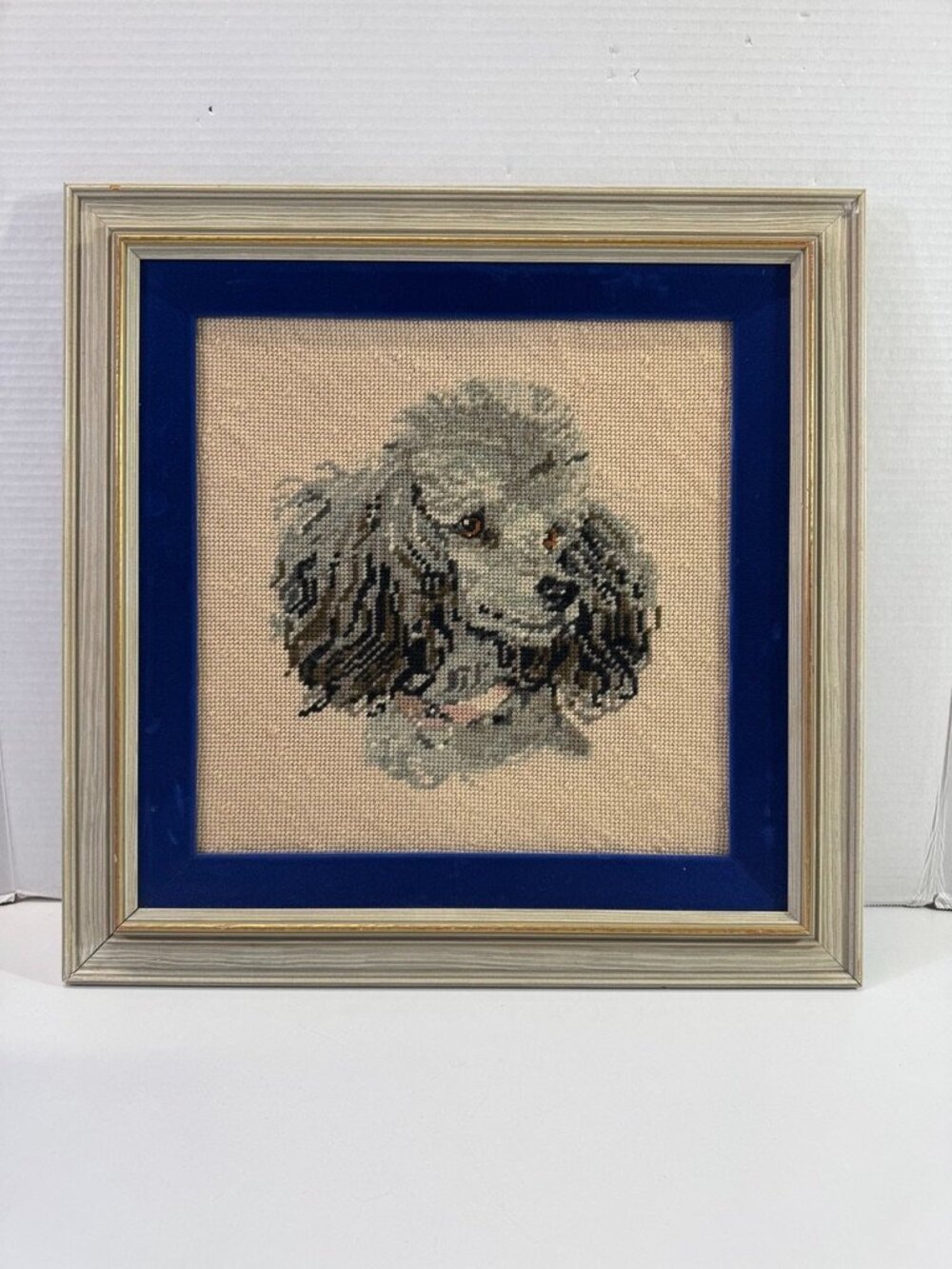 needlepoint blue velvet border grey poodle portrait picture frame hand stitched